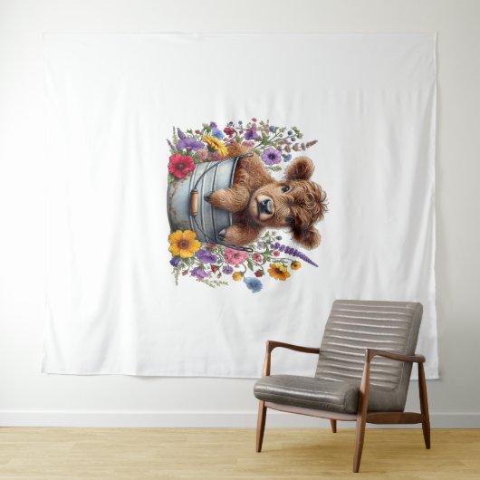 Tenture Vache Highland dans le seau à fleurs, mignonne (En situation (horizontale))