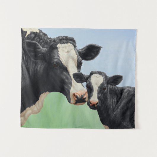 Tenture Vache Holstein noire et veau mignon (Devant (Horizontal))