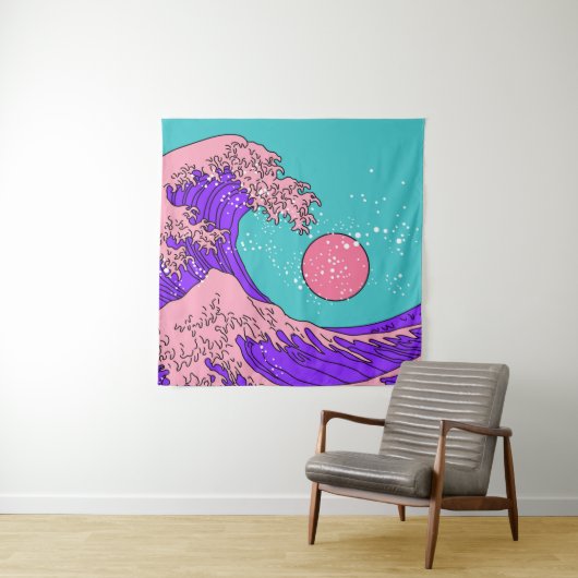 Tenture Vaporwave Great Wave : Art Océanique Stylisé (En situation)