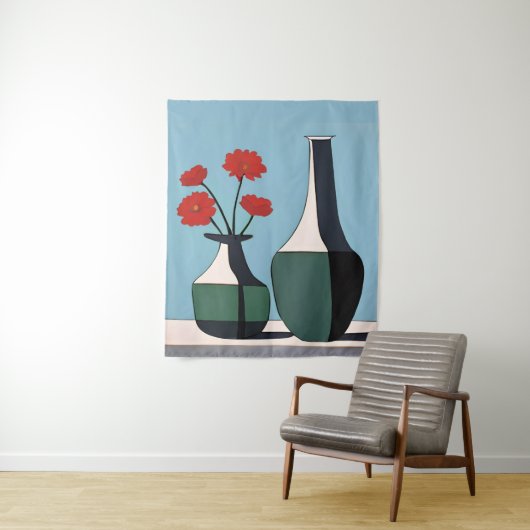 Tenture Vases noirs et blancs avec fleurs rouges (En situation)