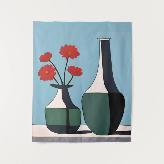 Tenture Vases noirs et blancs avec fleurs rouges (Devant)