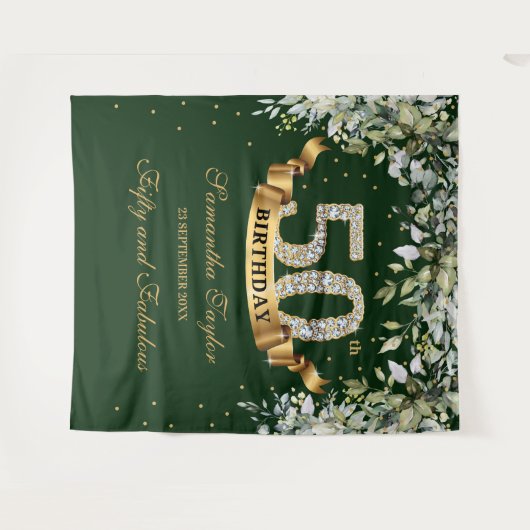 Tenture Verdure boho feuillage et or 50e anniversaire (Devant (Horizontal))