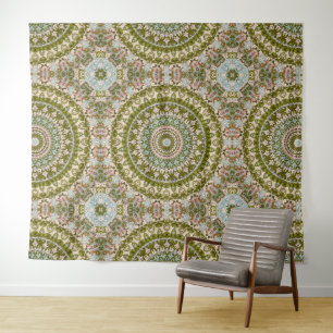 Tenture Vert olive et motif mandala pastel