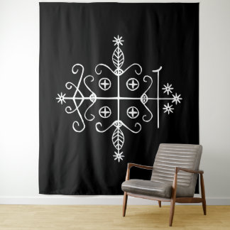 Tenture Veve blanc de Papa Legba sur noir