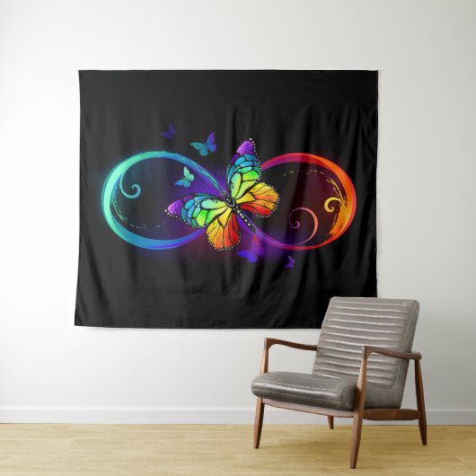 Tenture Vibrant infinity with rainbow butterfly on black (En situation (horizontale))