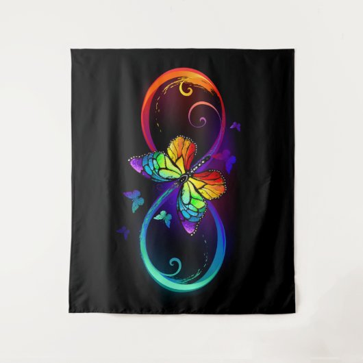 Tenture Vibrant infinity with rainbow butterfly on black (Devant)