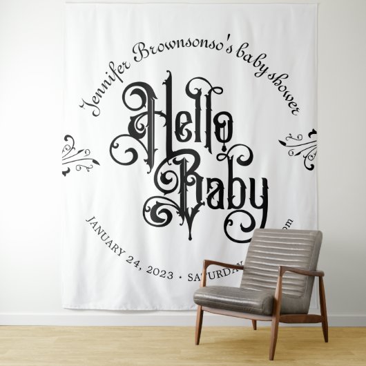 Tenture Vintage Gothic Dark Hello Baby Shower backdrop (En situation)