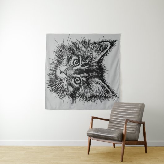 Tenture Visage de Kitten noir et blanc sur gris (En situation (horizontale))