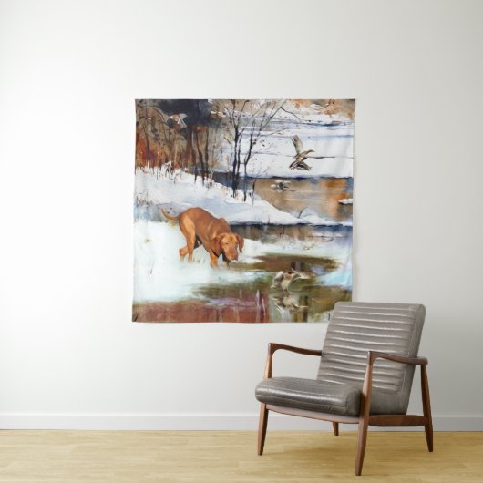 Tenture Vizsla hongroise, canards de chasse en hiver (En situation)