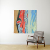 Tenture Voiture rouge rétro, peinture balnéaire. (En situation (horizontale))