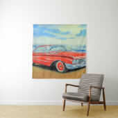 Tenture Voiture rouge rétro, peinture balnéaire. (En situation)