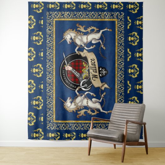 Tenture Wallace Clan Badge & Tartan avec Unicorns (En situation)