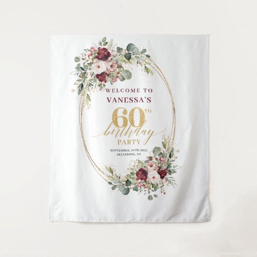 Tenture Watercolor Burgundy Gold Eucalyptus 60th Birthday (Devant)