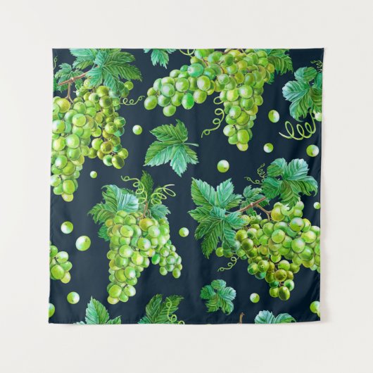 Tenture Watercolor green grape, leaves on dark background. (Devant)