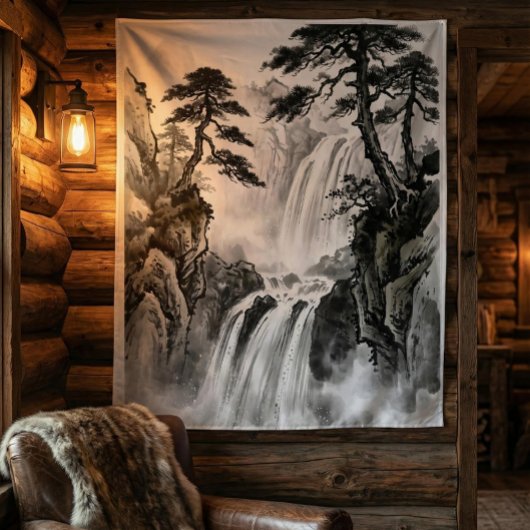 Tenture Waterfall Tapestry | Black & White Mountain Art