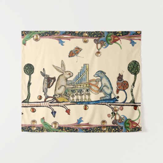 Tenture WEIRD MÉDIÉVAL DE LA MUSIQUE, Lapin, Chien (Devant (Horizontal))