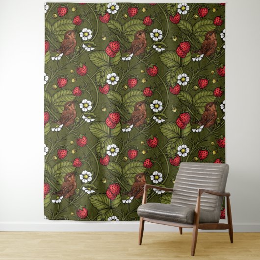 Tenture Wens et fraises sur vert foncé (En situation)
