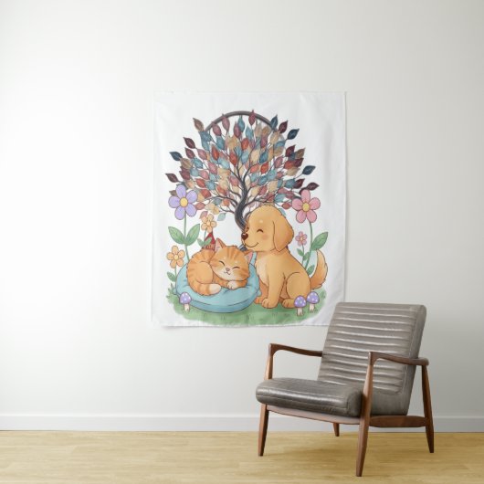 Tenture Whimsical Dog & Cat Tapestry – Colorful Nature Wal (En situation)