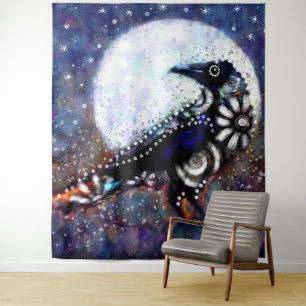 Tenture Whimsical Raven Lune Floral Noir Blanc Bleu