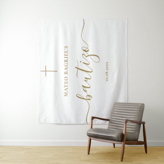 Tenture Whimsy Script Bautizo Spanish Baptism Neutral Gold (En situation)