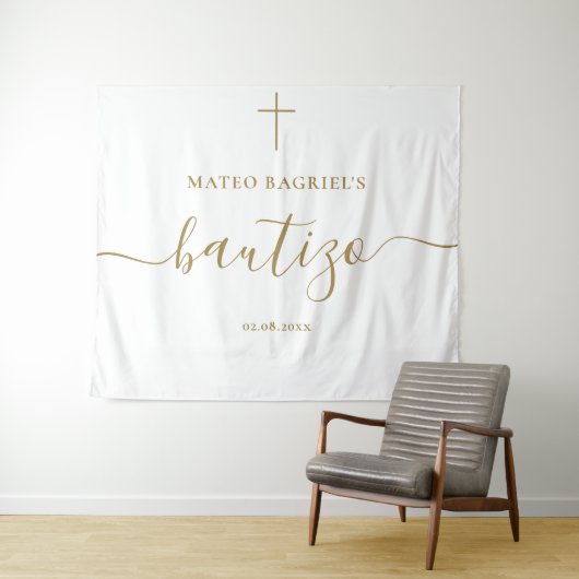 Tenture Whimsy Script Bautizo Spanish Baptism Neutral Gold (En situation (horizontale))
