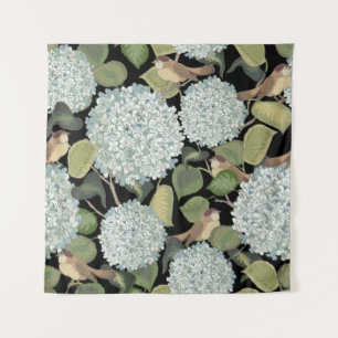 Tenture White, light blue Hortensia with green leaves and