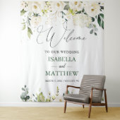 Tenture White Roses Greenery Wedding Welcome Sign Tapestry (En situation)