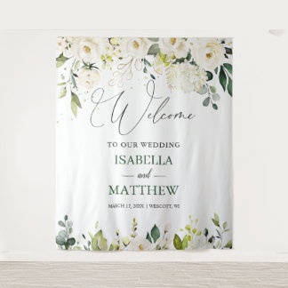 Tenture White Roses Greenery Wedding Welcome Sign Tapestry