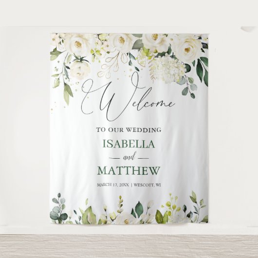 Tenture White Roses Greenery Wedding Welcome Sign Tapestry (Devant)