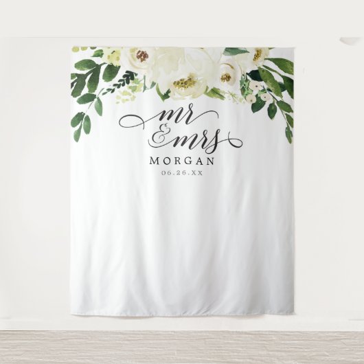 Tenture White Roses Mr & Mrs Mariage Backdrop Banner (Devant)