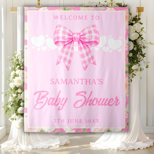 Tenture Wildflower Pink Gingham Bow Baby Shower Backdrop