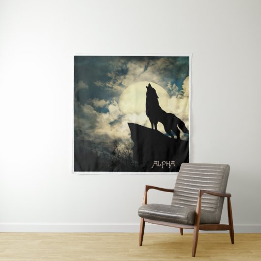 Tenture Wolf Alpha hurlant À La Pleine lune La Nuit (En situation)