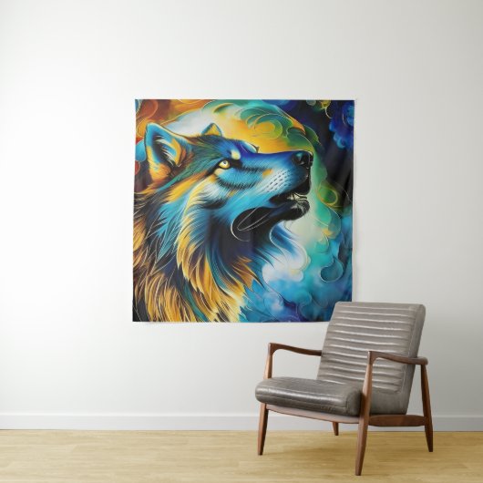 Tenture Wolf Howl coloré (En situation)