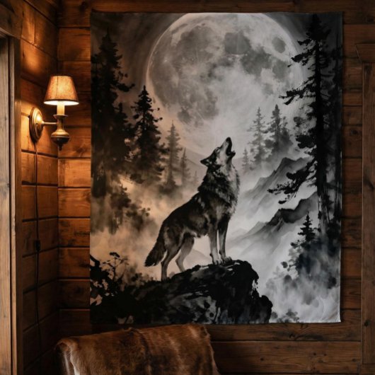 Tenture Wolf Howling at Moon Tapestry | Dark Forest