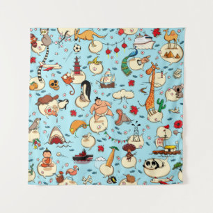 Tenture World Wonders : Motif bleu coloré.