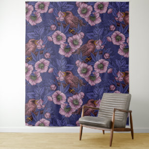Tenture Wren et hellebore, violet et rose