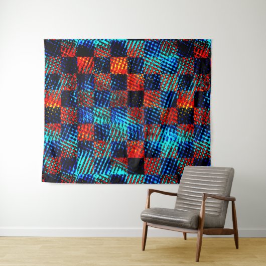 Tenture Xadrez azul, laranja, faux sujo com manchas. (En situation (horizontale))