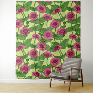 Tenture Zinnias rose sur vert clair