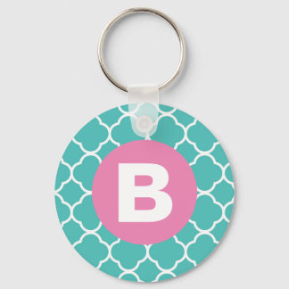 Tepaalkleurig Quatrefoil Patroon Met Roze Monogram Sleutelhanger