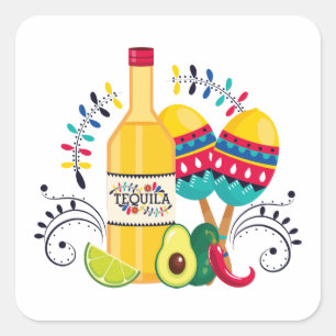 Tequila, Maracas Mexican Folk Art Vierkante Sticker