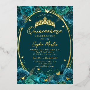 Teroen Goud Boeiende Bloem Vlinder Quinceanera Folie Uitnodiging