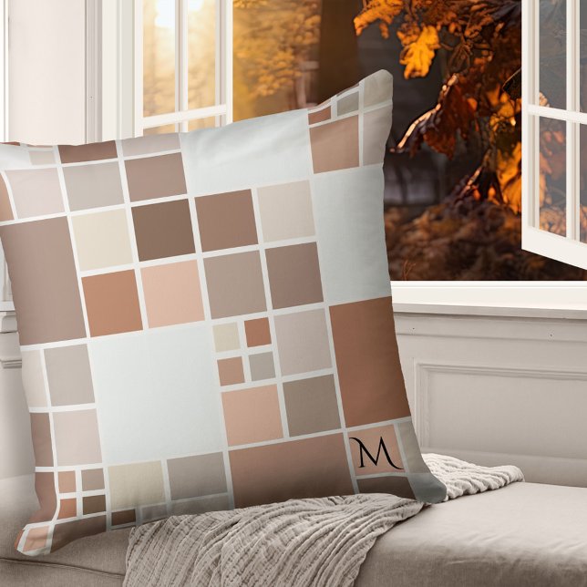 Terra Cotta Coffee Chic Mosaic Pattern Pillow Kussen (Modern pillow featuring a pastel mosaic pattern in warm terra cotta, tan, coffee and chocolate)