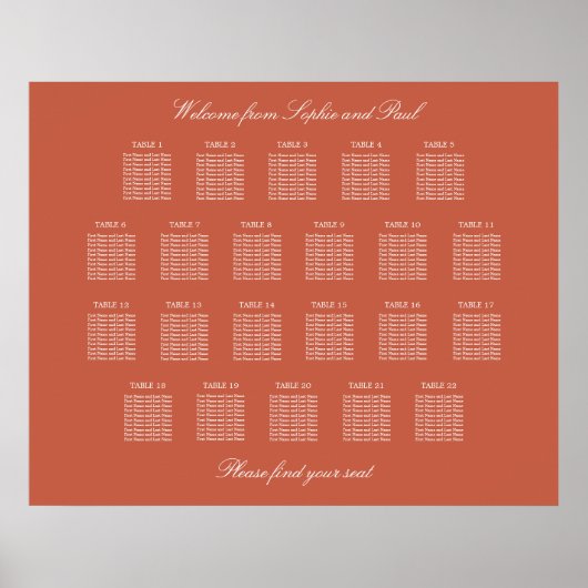 Terracotta 22 Table Wedding Seating Chart Poster (Voorkant)