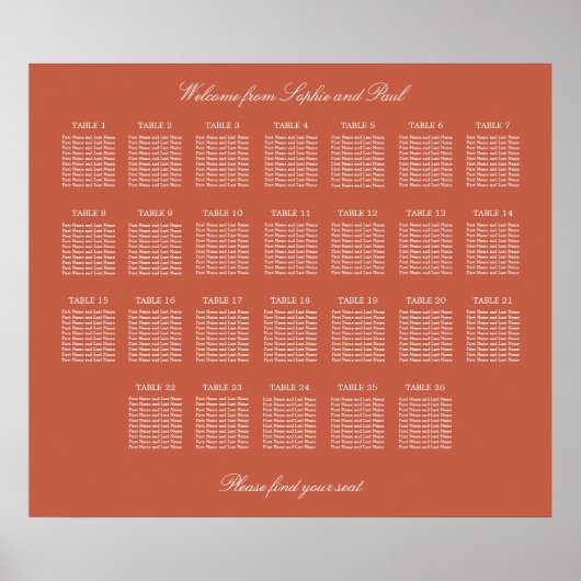 Terracotta 26 Tafel Trouwstoelindeling Poster (Voorkant)