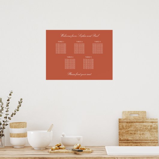Terracotta 5 Table Wedding Seating Chart Poster (Keuken)