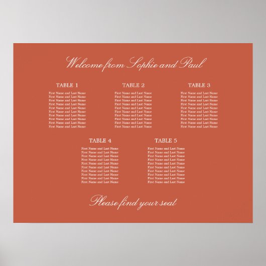 Terracotta 5 Table Wedding Seating Chart Poster (Voorkant)