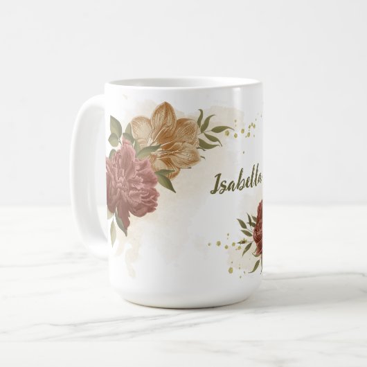 terracotta aardetone bloemige groen koffiemok (Voorkant links)