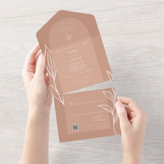 Terracotta Arch Botanical Wedding QR RSVP All In One Uitnodiging (Afscheurbaar)