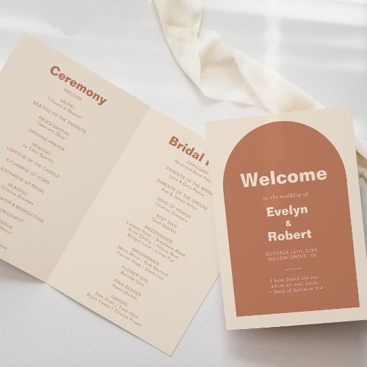 Terracotta Arch Minimalist Formal Folded Wedding Programma