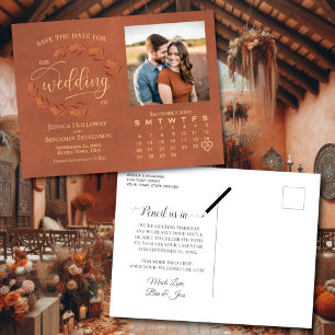 Terracotta Bladeren Foto Kalender Trouw Datum Besp Aankondigingskaart